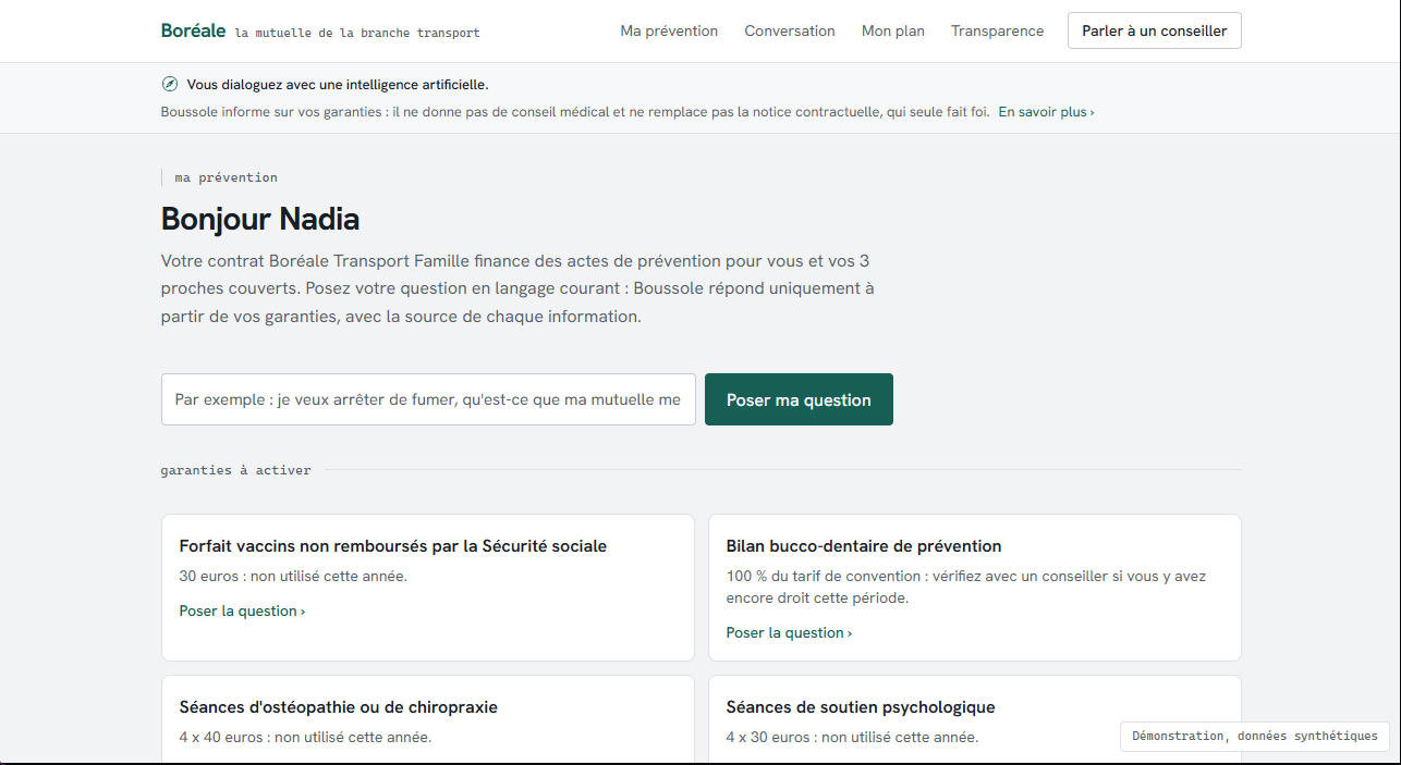Interface de la Boussole des Garanties Prévention, une question posée et la réponse accompagnée du montant garanti