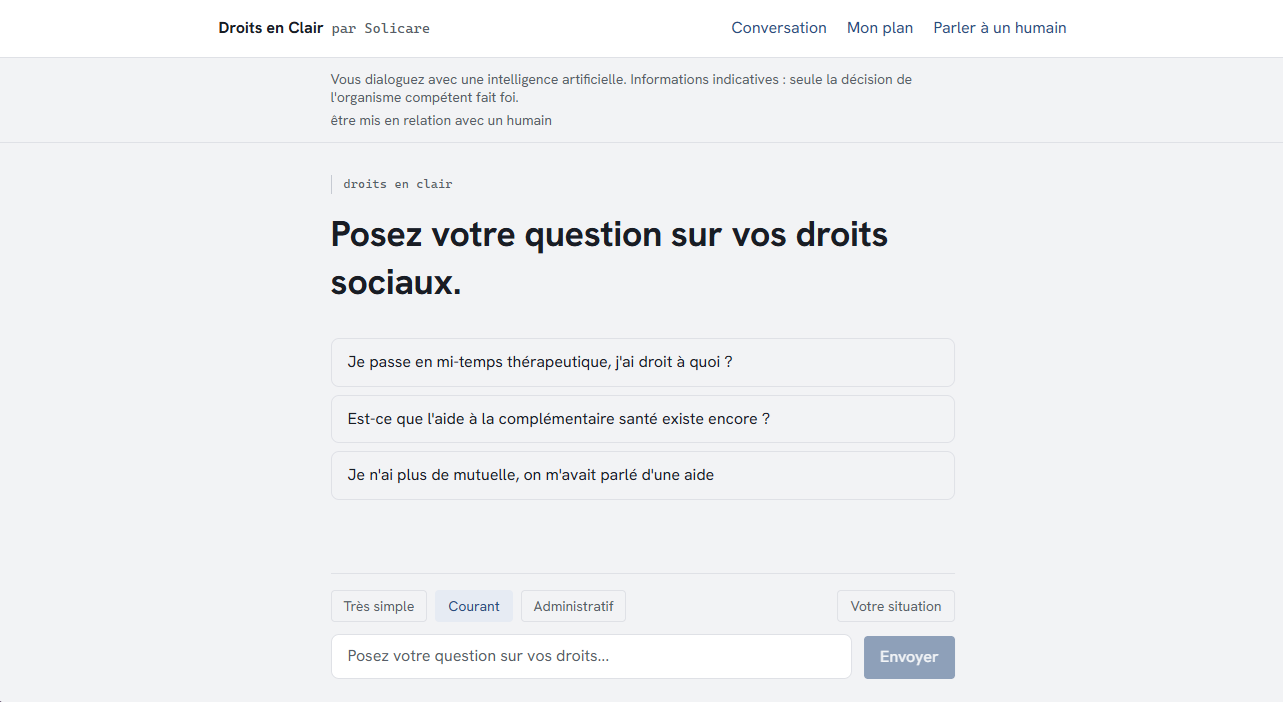 Interface de Droits en Clair, une réponse affichée avec la source officielle citée en dessous
